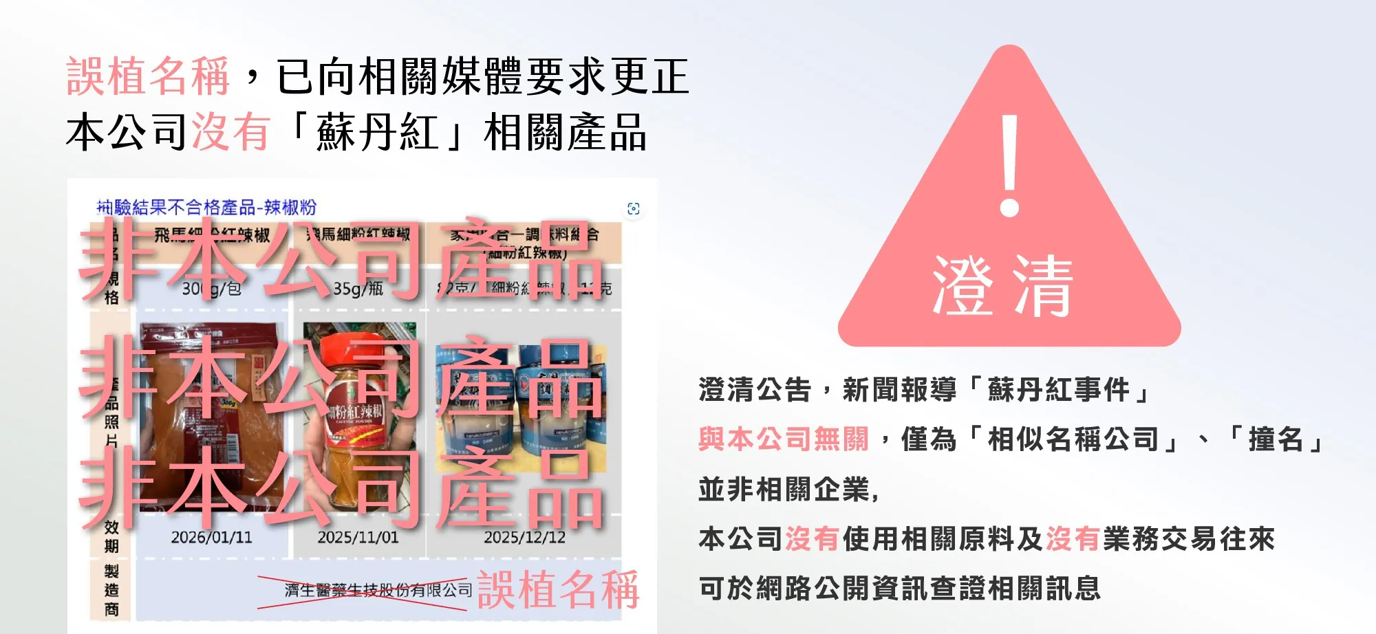 誤植名稱,已向相關媒體要求更正 本公司沒有「蘇丹紅」相關產品